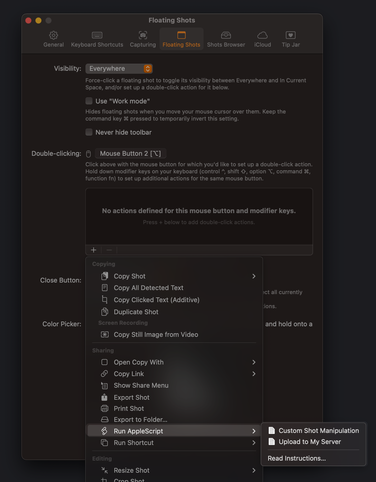 ScreenFloat Double-Click Workflow Settings Setup Menu
