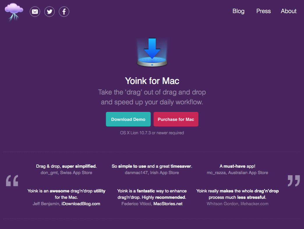 Yoink's website after the update