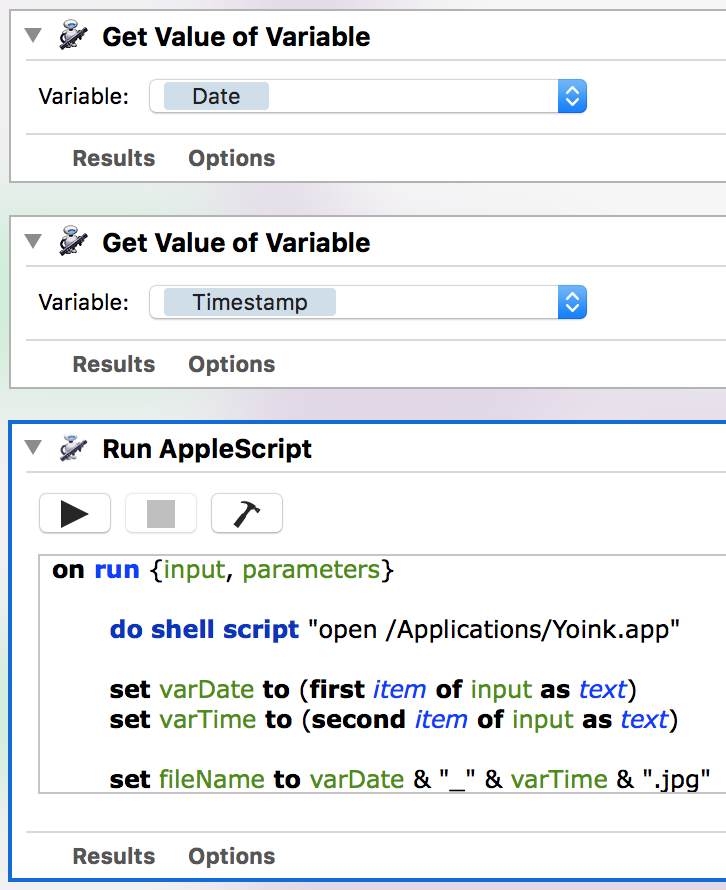 Screenshot of Automator, appending date and time to the filename