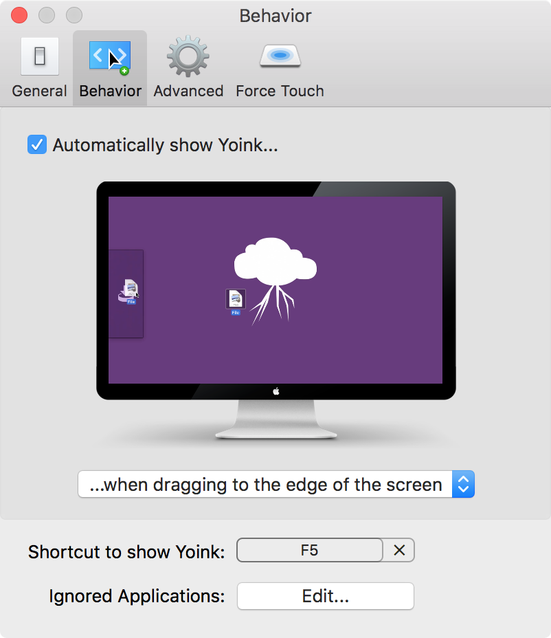 Yoink 3.2.5's new Behavior preference pane