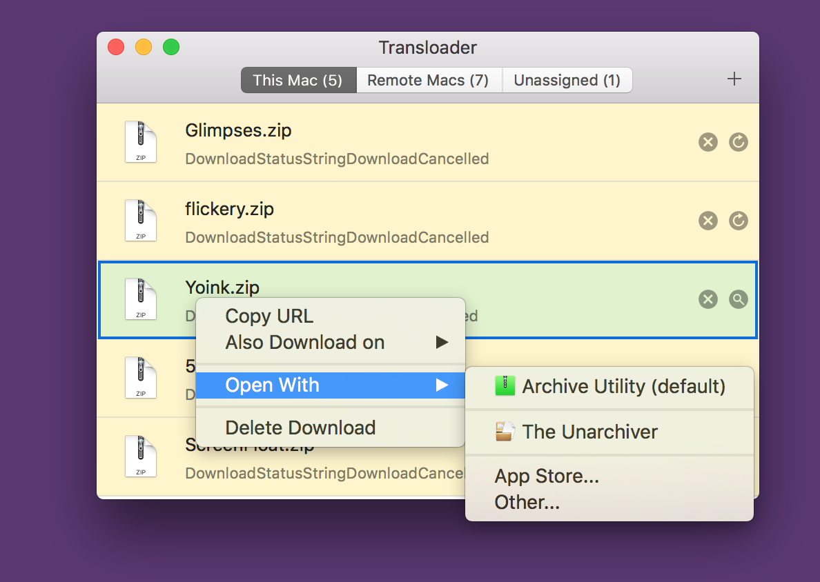 Transloader 3's Open With contextual menu
